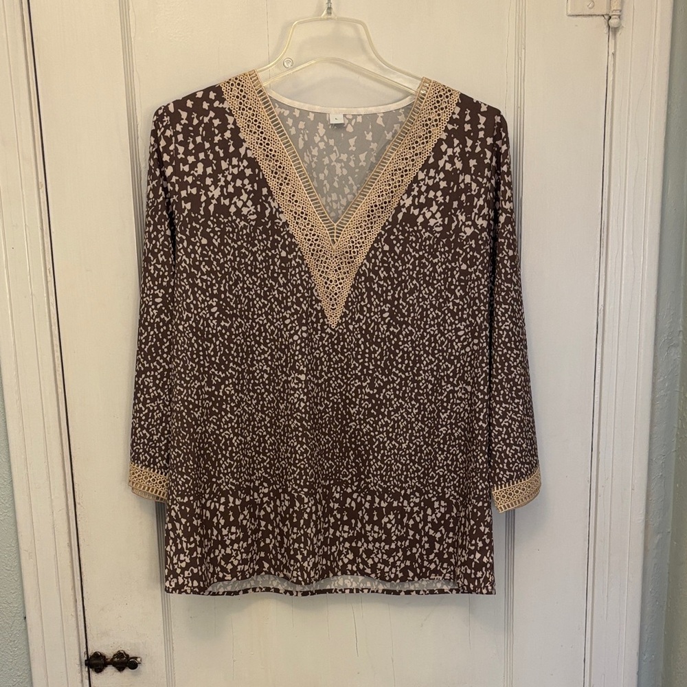 Brown Patterned Women's Top with Lace Trim